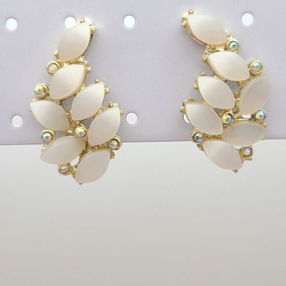 Vintage Moonstone Earrings, 1960s,  rhinestones,  clip on - Picture 1 of 5